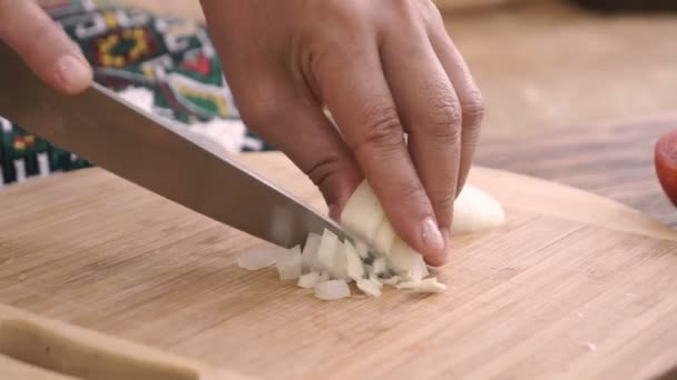 Manos Mujer Rebanando Cebollas Una Tabla Cortar Madera — Vídeos de Stock
