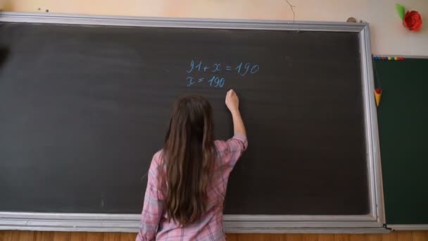 Young Student Writing Complex Mathematical Formula Equation Blackboard — Stock Video