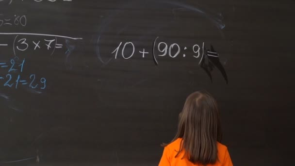 Young Student Writing Complex Mathematical Formula Equation Blackboard — Stock Video