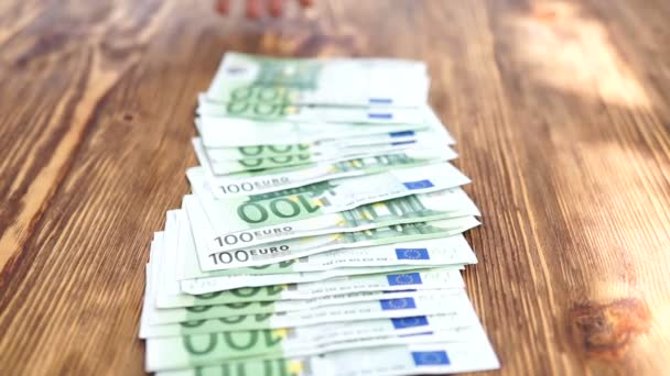 Man Collecting Counting Money Euro Bancnotes Table Hands Close — Stock Video