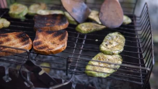 Man Bakes Bread Vegetables Barbecue Outdoor — Stock Video