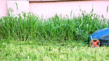 Çim biçme makinesiyle çim biçen bir işçi.