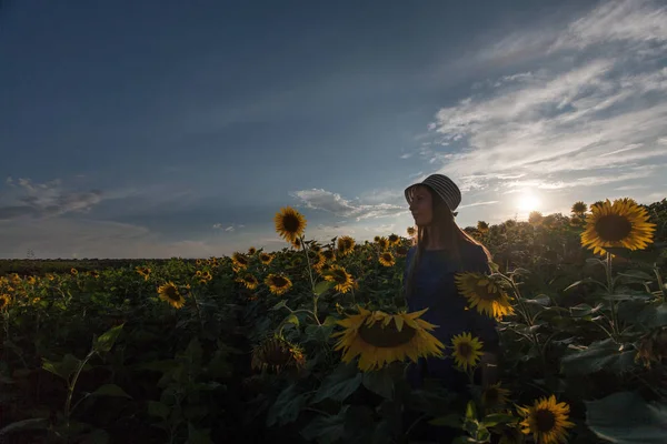 Fille dans une robe bleue feuilles avec chapeau dans le domaine des tournesols — Photo