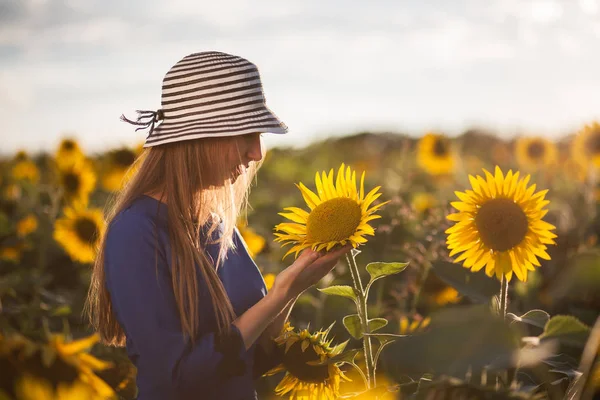 Dívka v modrých šatech listy s kloboukem v poli slunečnic — Stock fotografie