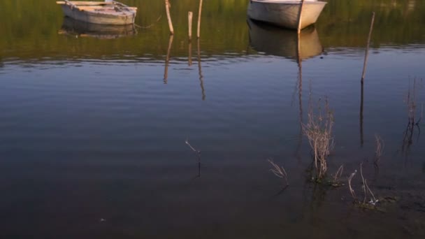 Barco Anclado Orilla Del Río — Vídeos de Stock