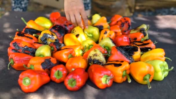 Rote Und Gelbe Paprika Auf Dem Grill Über Kohlen Garen — Stockvideo