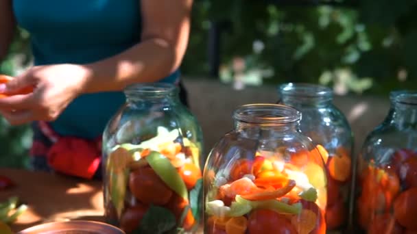 Donna Mette Pomodori Vaso Conservazione Preparazione Verdure Scatola — Video Stock