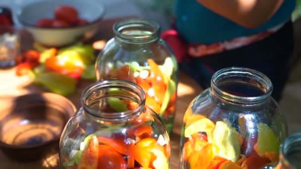 女性は 缶詰の野菜の準備のための瓶にトマトを置く — ストック動画