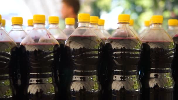 Die Förderbandproduktion Von Saft Plastikflaschen Für Heimtiere — Stockvideo