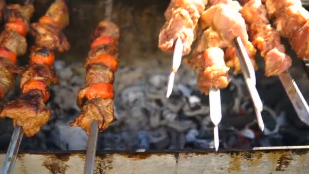 おいしい焼肉グリルでバーベキュー バーベキュー パーティー 木炭に揚げた鶏肉肉グリルします — ストック動画