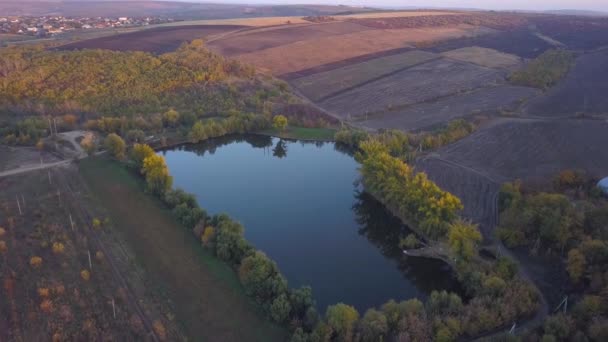 秋の湖の上のフライト 秋の自然の空中風景 湖と色鮮やかな森に秋自然空中風景フライト — ストック動画