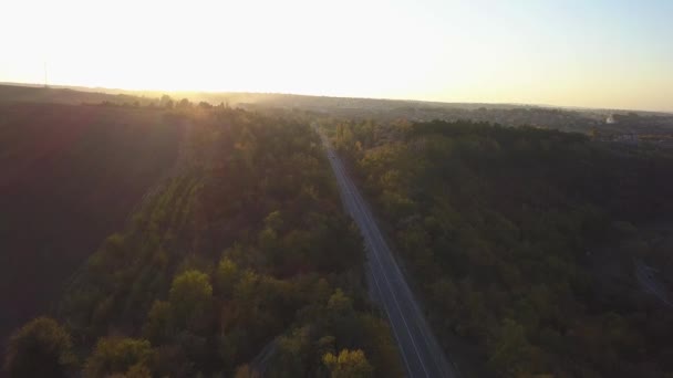 Luchtfoto van de weg door val bos — Stockvideo