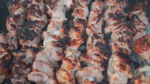 Barbekü Izgara Lezzetli Izgara Ile Barbekü Partisi Bir Kömüre Kızarmış — Stok video