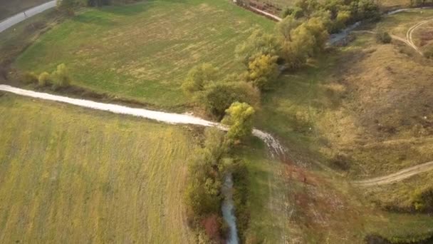 Vue Aérienne Survolez Une Route Village Des Champs Herbeux Verts — Video