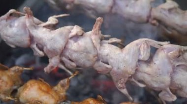 Barbekü bıldırcın kuş spinner üzerinde sıcak kömür ile yemek kapatın