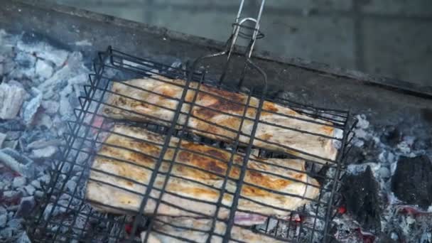 Barbecue Grill Finom Sült Hússal Grillezésre Csirke Hús Darabokat Alatt — Stock videók