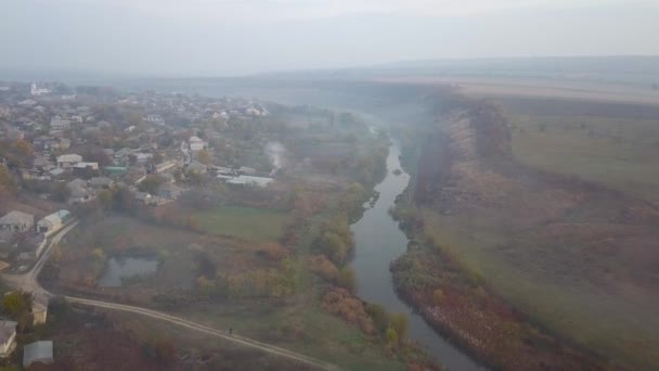 Beautiful Sunrisw River Rural Area Fog Small River Mountains Landscape — Stock Video