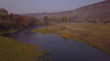 Hava dron görüntüleri İzlenme: Sonbahar manzara ve ağaç küçük nehir uçuş. Görkemli manzara.