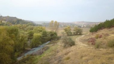 Sonbahar ağaçlarıyla çevrili ağaçlar, çevrili küçük bir nehir üzerinde uçuş