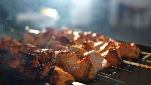 Barbecue Grill Finom Sült Hússal Grillezésre Csirke Hús Darabokat Alatt — Stock videók