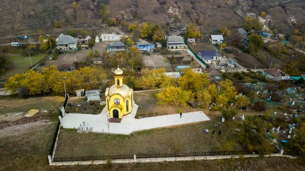 Aerial drone shot a small yellow church — Stock Photo, Image