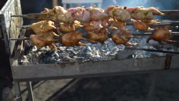 Close-up koken barbecue kwartel vogel — Stockvideo