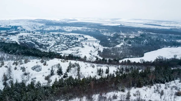 Winter Antenne Uitzicht Het Kleine Dorp Winterlandschap Moldavië — Stockfoto