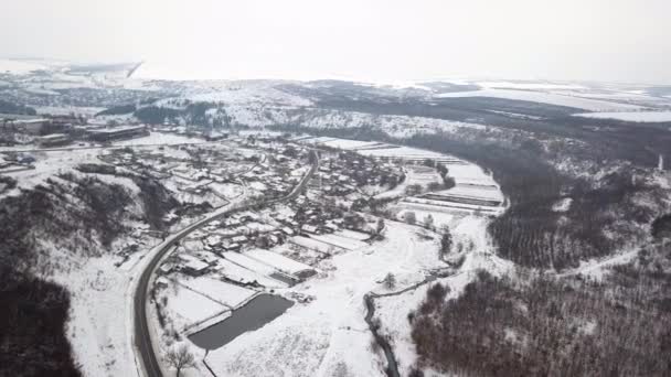 自然と村以上のフライト 雪に覆われた森 農村の風景です 冬の風景以上のフライト — ストック動画