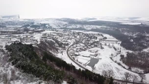 Flight Nature Village Snow Covered Forest Rural Landscape Flight Winter — Stock Video