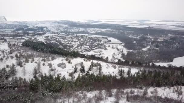 Vuelo Sobre Naturaleza Aldea Bosque Cubierto Nieve Paisaje Rural Vuelo — Vídeo de stock