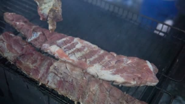 Close Cozinhar Churrasco Codorna Pássaro Com Spinner Carvão Quente — Vídeo de Stock