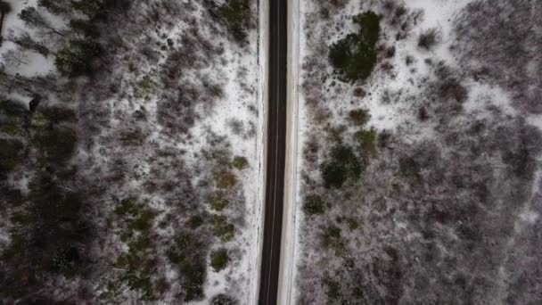牧歌的な冬の風景の中に道路の空中ドローンビュー 鳥の目線で自然の中を走る通り — ストック動画