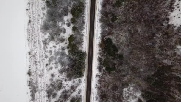 Drohnenaufnahme Der Straße Idyllischer Winterlandschaft Straße Läuft Aus Der Vogelperspektive — Stockvideo