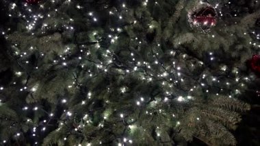 Gece arka plan ışıltılı bir Noel ağacı ışıkları kapatın. Dekorasyon ve aydınlatma ile yeni yıl ağacı. Xmas ağacı süslemeleri arka plan