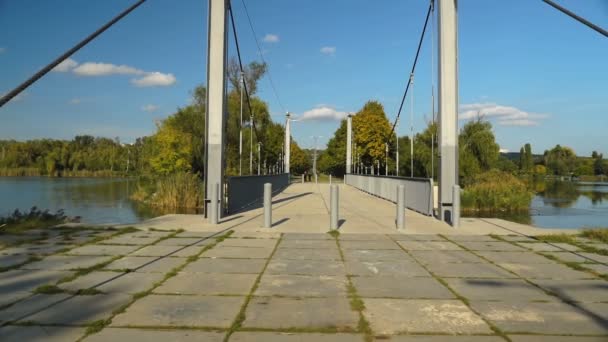 Aparat Podchodzi Się Przez Most Spokojnych Wodach Jeziora Steadicam Strzał — Wideo stockowe