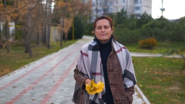 Mujer Camina Por Parque Entre Los Árboles Cubiertos Amarillo — Vídeo de stock
