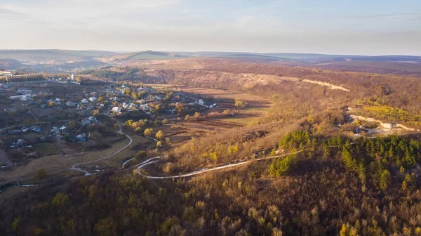 Vista Aérea Sobre Pequeño Pueblo Paisaje Otoño República Moldavia Europa — Foto de Stock