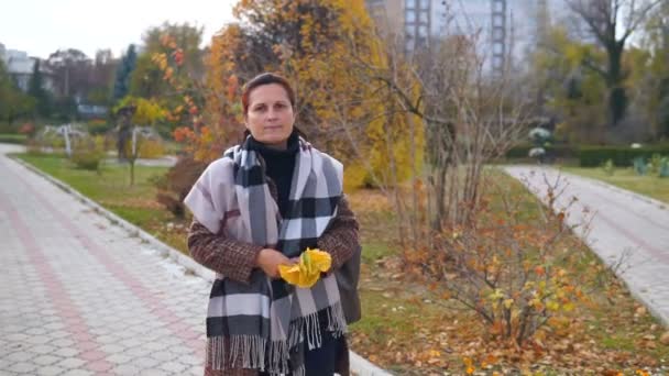 Mujer Camina Por Parque Entre Los Árboles Cubiertos Amarillo — Vídeo de stock