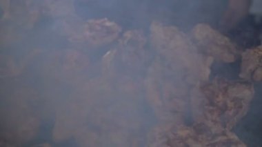Barbekü ızgara lezzetli ızgara et ile. Barbekü partisi. Bir kömüre kızarmış tavuk et parçaları ızgara .