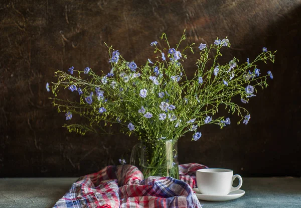 Zátiší Květy Modré Květy Vázy Rustikální Stile — Stock fotografie