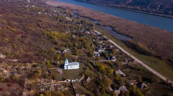 Vue Aérienne Caméra Sur Église Orthodoxe Petit Village République Moldavie — Photo