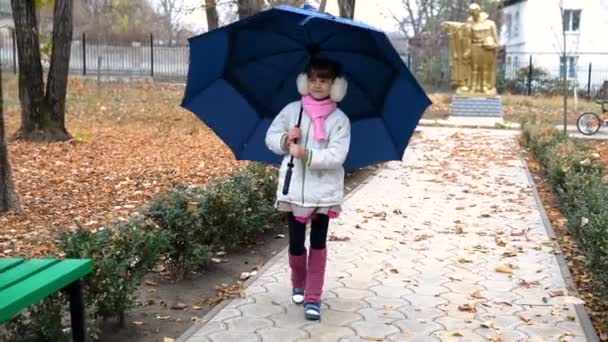 女性の子供は秋を手で黄色の葉の公園で青い傘の下歩いています — ストック動画