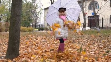 kadın çocuk sonbahar ellerinde sarı yaprakları ile bir parkta bir şemsiye altında yürüyor