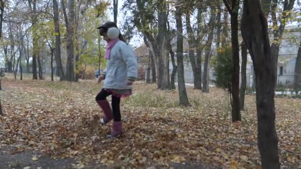 Uma Menina Caminha Parque Outono — Vídeo de Stock