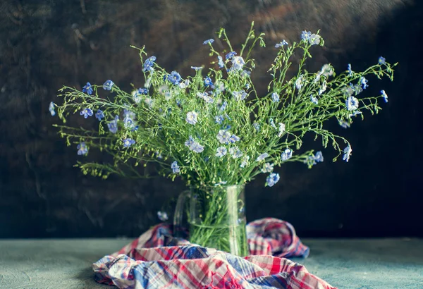 Zátiší Květy Modré Květy Vázy Rustikální Stile — Stock fotografie