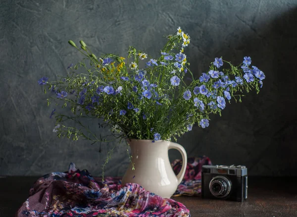 Ainda Vida Com Flores Silvestres Flores Silvestres Azuis Vaso Stilo — Fotografia de Stock