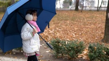 kadın çocuk sonbahar ellerinde sarı yaprakları ile bir parkta mavi bir şemsiye altında yürüyor