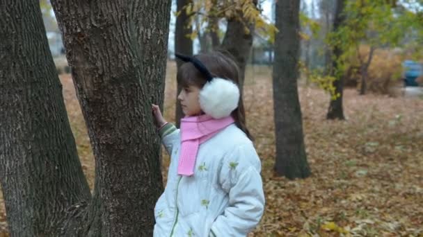 Küçük Bir Kız Parkta Sonbaharda Yürür — Stok video