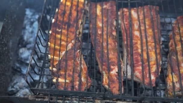 Grill Mit Leckerem Grillfleisch Auf Dem Grill Grillparty Hühnerfleischstücke Die — Stockvideo