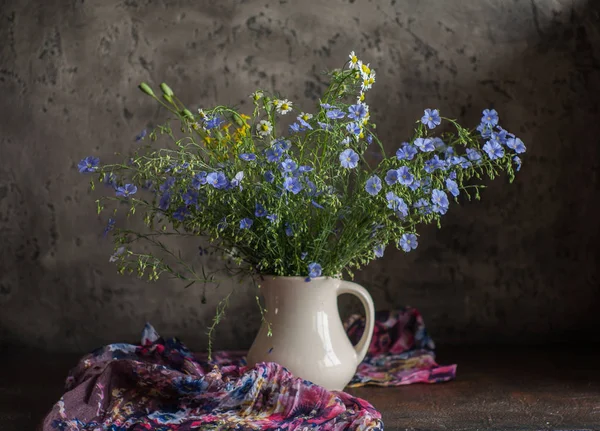 Ainda Vida Com Flores Silvestres Flores Silvestres Azuis Vaso Stilo — Fotografia de Stock